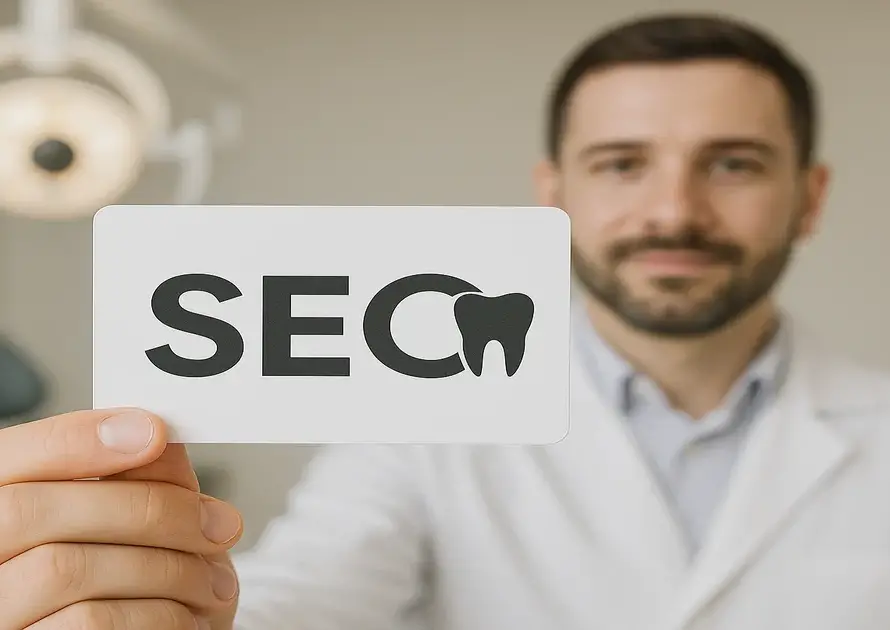a picture of a dentist holding a paper that has written seo on it