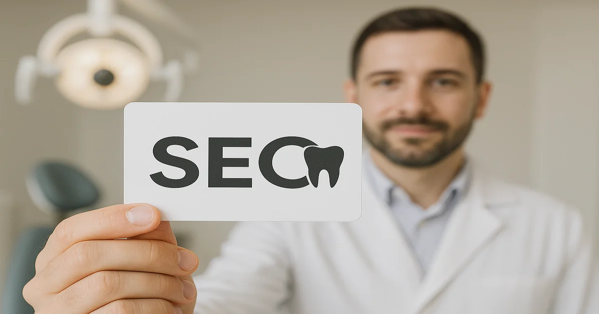 a picture of a dentist holding a paper that has written seo on it